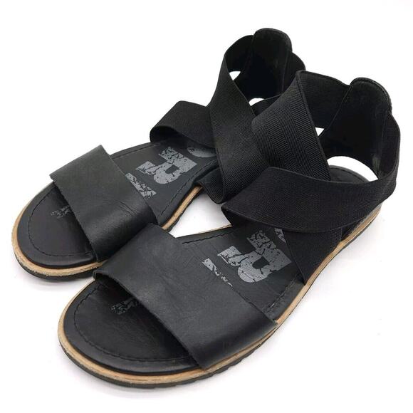 Sorel Ella II (Womens Size 6.5) Sandals Black Leather Strappy Flats Gladiator‎ - Picture 1 of 9